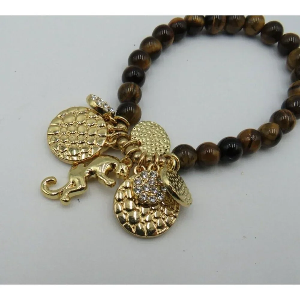 Lilly Pulitzer Bracelet Tigers Eye Beads Gold Tone Charms Rhinestones Stretch - Picture 5 of 6